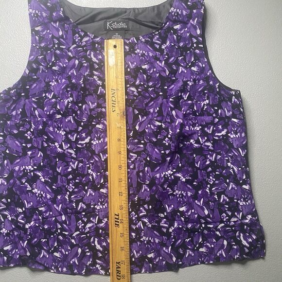 Vtg K STUDIO Pants Blouse Set Sleeveless Top Elastic Waist Women 10 Black Purple - Picture 4 of 11